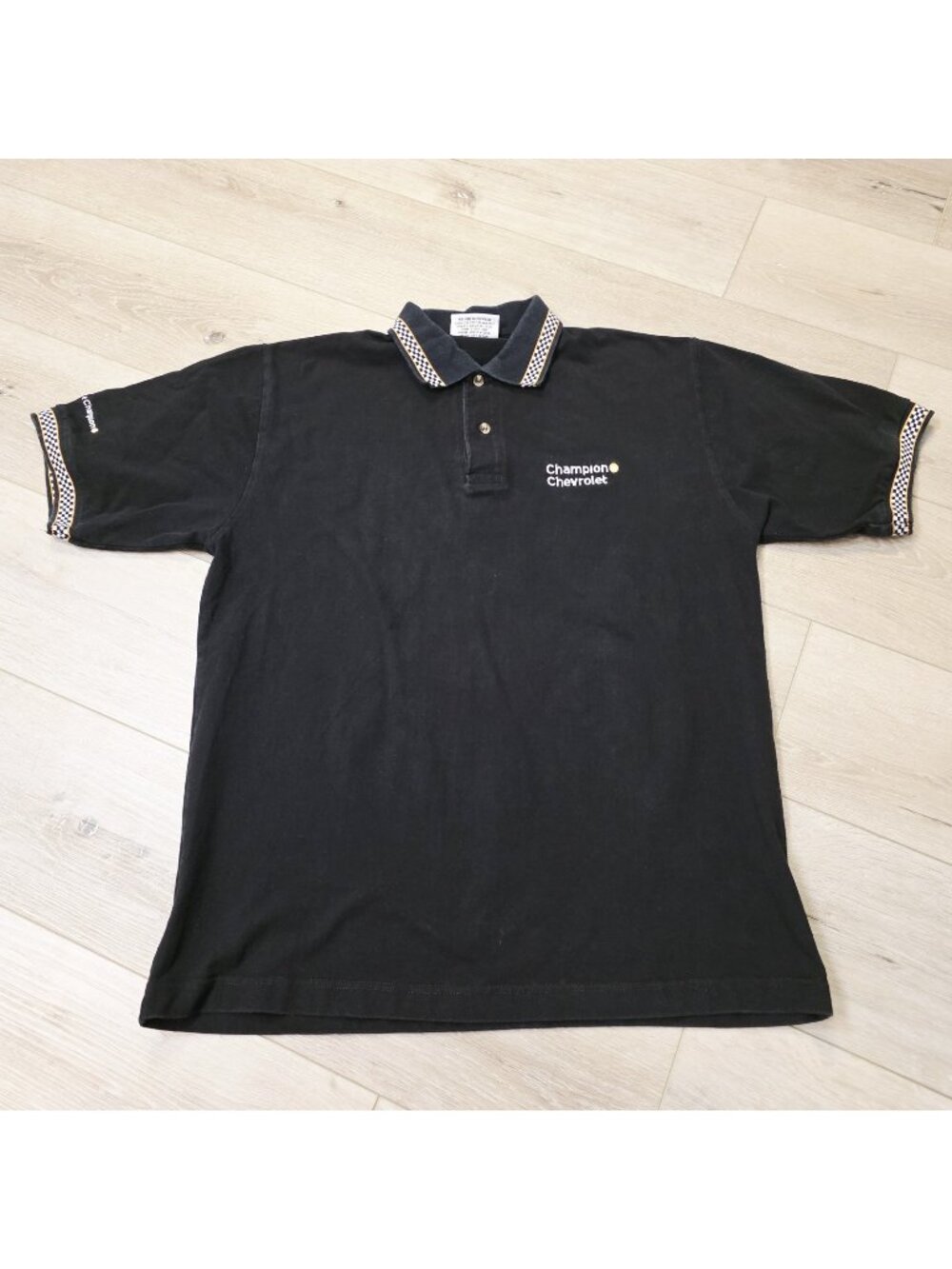 Vtg Mens Black Checkered Flag Accent Auto Nation Cotten Sleeve Shirt Polo Sz Lg